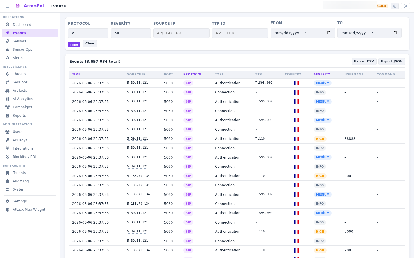 Event Explorer — filterable event log with protocol, severity, source details